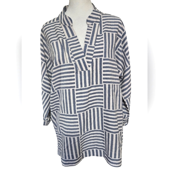 LIOR PARIS Blue/White BANDED COLLARNECK 3/4 ROLL TAB SLEEVE BLOUSE.FRIDA. Size S - Picture 1 of 11